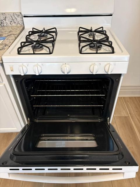 Open gas oven with racks and oven door